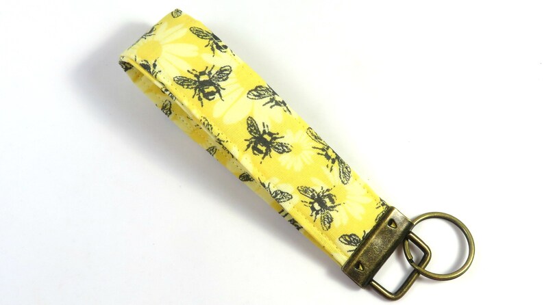 BEE fabric keychain, Humming bee keyfob, Yellow sunflower fabric keychain, Bee keychain, Spring keyfobs image 1