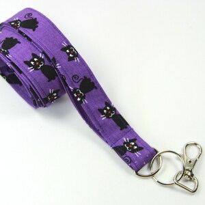 CAT Fabric Lanyard, Fabric Badge Holder, Black Cat Lanyard, Black and Purple Lanyard, Cat Badge Holder