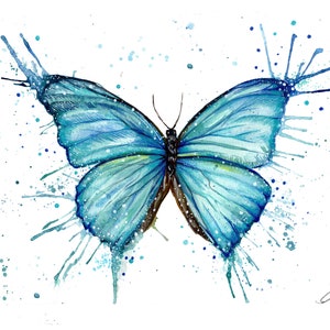 Blauwe vlinder aquarel print. Vlinderwenskaart. Vlinder wanddecoratie. Vlinder cadeau. Blauwe vlinders.