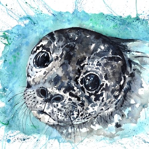 Impresión de cría de foca gris. Tarjeta de felicitación con foca. Arte mural con cría de foca. Arte con cría de foca. Decoración mural con cría de foca. Regalo con cría de foca. Acuarela con cría de foca.