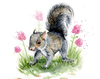 May include: A watercolor painting of a gray squirrel standing in a field of pink clover flowers. The squirrel is looking to the left and has a bushy tail.