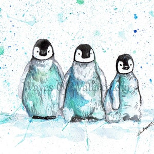 Aquarel baby pinguïn. Wenskaart babypinguïn. Pinguïn wanddecoratie. Pinguïn cadeau. Pinguïn kinderkamerkunst. Pinguïn aquarel.
