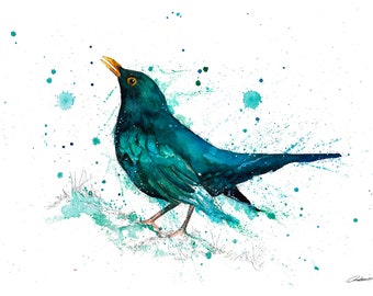 May include: A teal blue bird with a yellow beak is perched on a green and white background. The bird is surrounded by blue and green paint splatters.