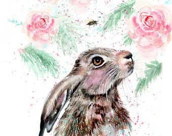 Hare print. Hare in Roses.Hare greeting card. Hare art. Hare wall decor. Hare gift. Hare watercolour. Hare watercolor. Mad march hare print.