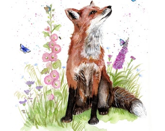 Fox watercolour print. Fox greeting card. Fox wall decor. Fox gift. Fox watercolour.