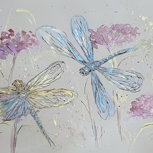 Peinture de libellule. Belle peinture de libellule aquarelle chatoyante métallique pastel. Oeuvre originale. Cadeau libellule. Libellules.