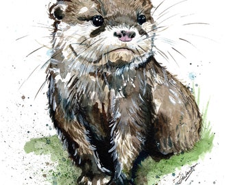 Otter Print. Otter greeting card. Otter splatter art. Otter wall decor. Otter gift. Otter home decor. Otter watercolour. Otters.