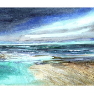 May include: A watercolor painting of a seascape with a stormy sky and a sandy beach. The water is a turquoise blue and the sky is a dark blue with streaks of white clouds.
