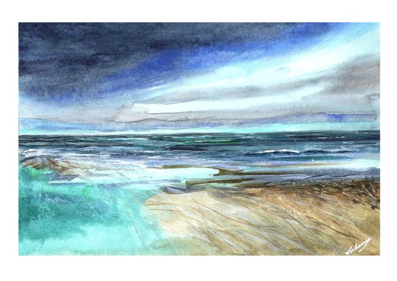 Cornish Beach Watercolour Seascape Print, Coastal Art