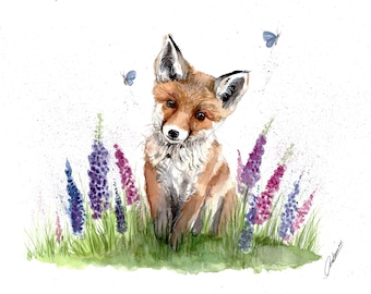 May include: Watercolour painting of a fox cub with orange and white fur, sitting amongst purple and blue wildflowers and green grass. Two blue butterflies flutter in the background. The artwork has a whimsical, nature-inspired theme.