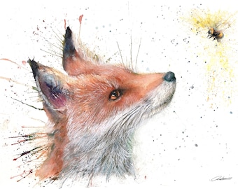 Fox and Bee Watercolour Print, Nature Wall Art