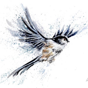 Impression de mésange à longue queue volante. Carte vierge de mésange à longue queue. Impression aquarelle. Mésanges à longue queue art. Décoration murale avec des mésanges à longue queue.