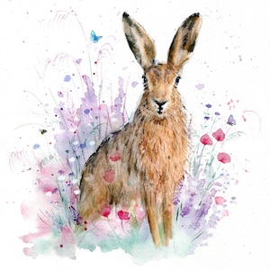 May include: Watercolour painting of a brown hare standing in a field of purple and pink wildflowers. The hare has long ears and is looking directly at the viewer. There are butterflies flying around the hare.