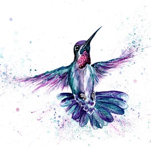 Kolibrie-afdruk. Wenskaart kolibrie. Wanddecoratie kolibrie. Kolibrie cadeau. Aquarel kolibrie.