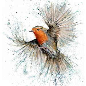 Impressão de Robin. Cartão de felicitações de Robin. Arte de Robin. Decoração de Robin. Presente de Natal. Aquarela de Robin. Arte de respingos.