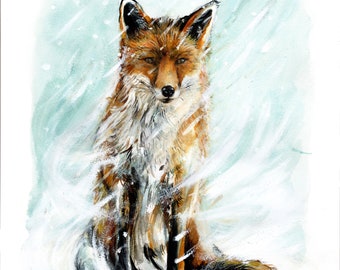 Fox in snow print. Fox greeting card. Fox wall decor. Fox gift. Fox watercolour.