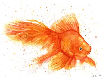 Orange Goldfish print. Goldfish greeting card. Goldfish art. Goldfish wall decor. Goldfish gift. Goldfish watercolour. Goldfish watercolor.