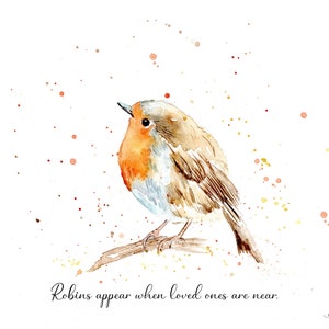Rotkehlchen erscheinen, wenn geliebte Menschen in der Nähe sind Aquarelldruck. Rotkehlchen Grußkarte. Robin Kunst. Rotkehlchen Dekor. Weihnachtsgeschenk.  Splatterkunst.