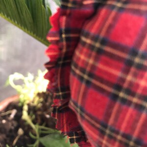 May include: Close-up of a red, black, and yellow plaid fabric with a frayed edge.