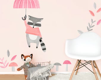 Floating Raccoon - Fabric Wall Decal - Woodland Pink Collection - Mej Mej