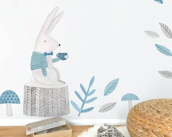 Thoughtful Rabbit - Fabric Wall Decal - Woodland Blue Collection - Mej Mej