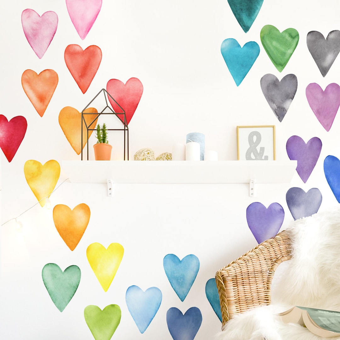Large Rainbow Watercolor Hearts - Fabric Wall Decal - Color Story - Mej ...