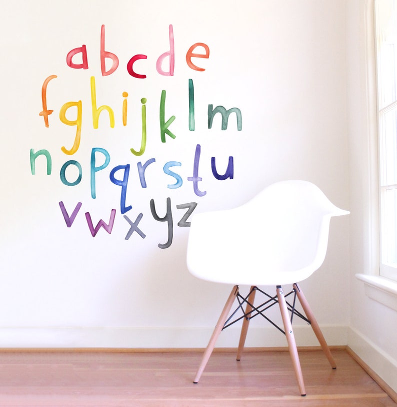 Letras de acuarela de arco iris minúsculas Calcomanía de pared de tela Historia de color Mej Mej imagen 1