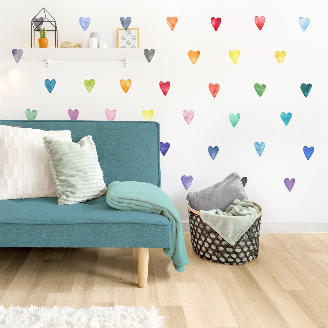 Small Rainbow Watercolor Hearts - Fabric Wall Decal - Color Story - Mej ...