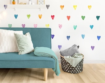 Small Rainbow Watercolor Hearts - Fabric Wall Decal - Color Story - Mej Mej