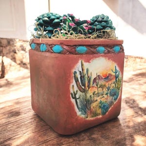 Faux Succulent Planter: Hand-Painted Pinecone Cactus in Southwest Pot