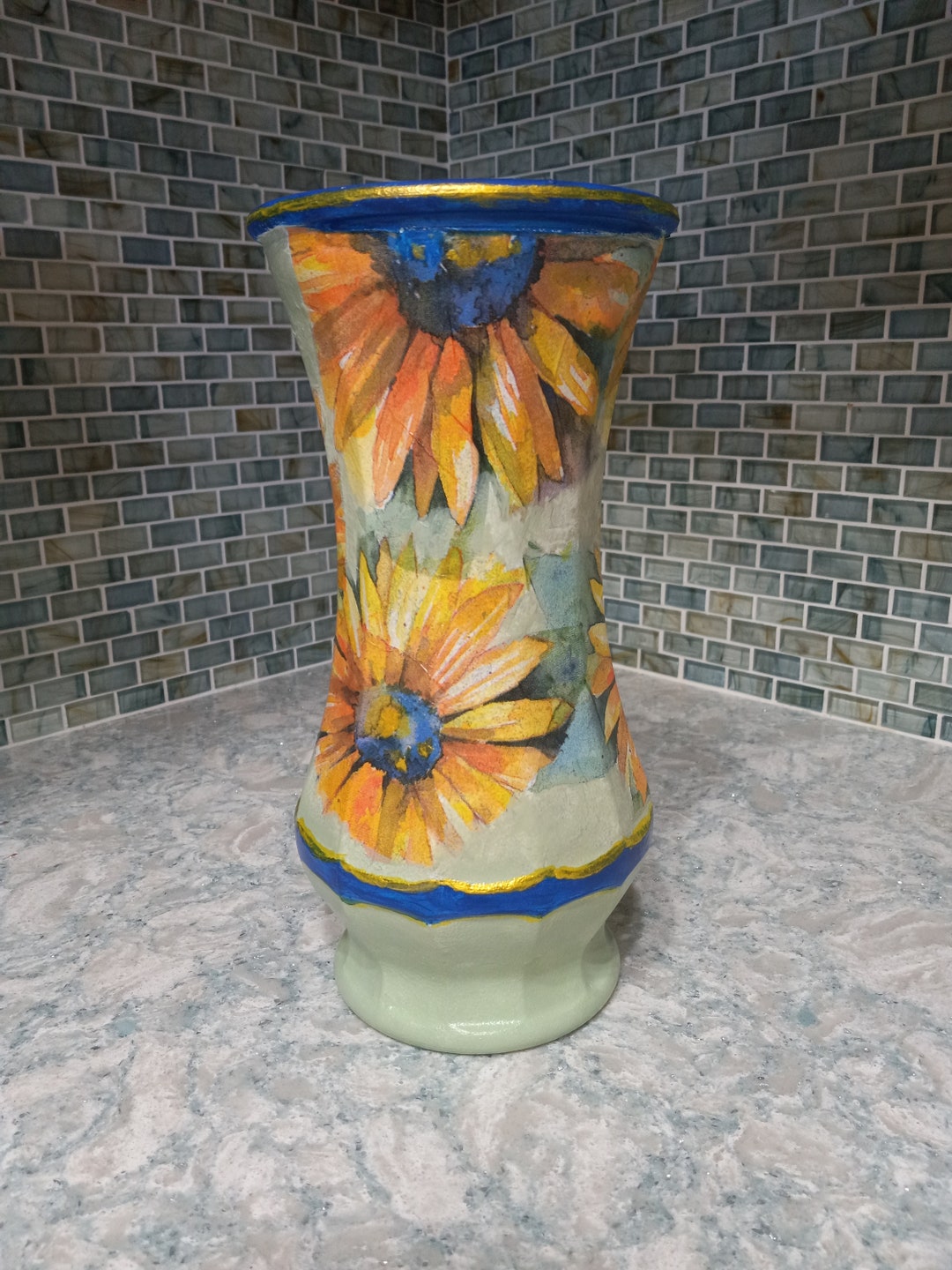 Decoupaged Sunflower Glass Vase/ Handpainted Vase/ Green Etsy