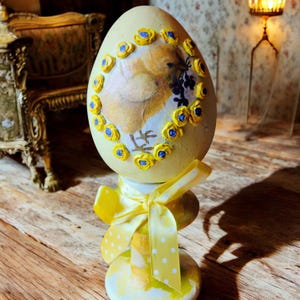 Large Decoupaged Easter Egg on Pedestal: Vintage Chick Spring Decor, Paper Mache Display Egg