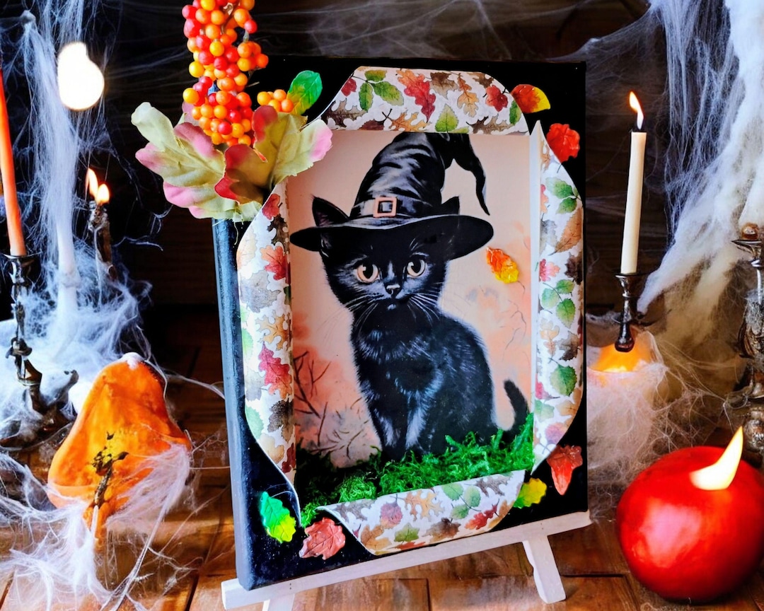 Halloween Busted Canvas Art: Black Cat Witch Wall Art, Vintage Look ...