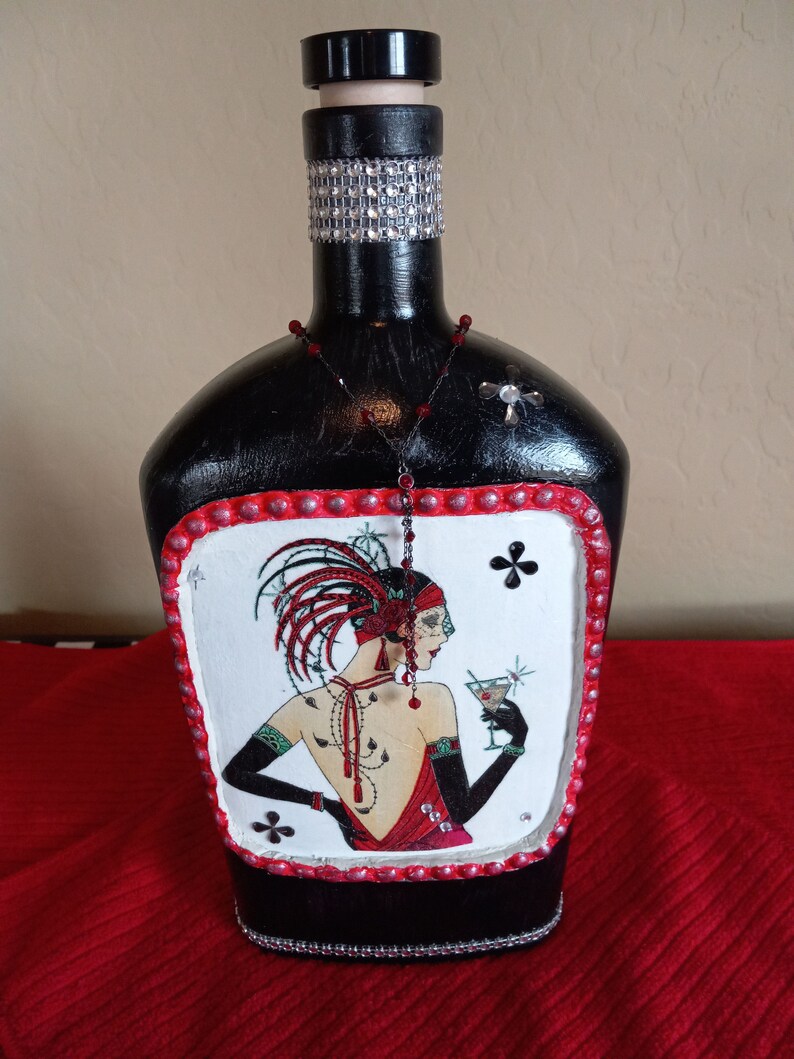 Decoupaged Art Deco Flapper Decor Bottle, Upcycled Liquor Bottle