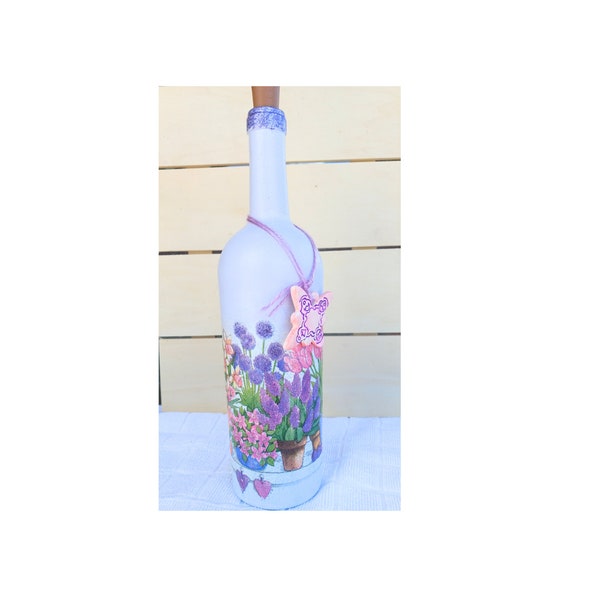 Decoupaged Fairy Light Upcycled Wine Bottle, Garden Bottle, Hand painted Glass, Lilac Repurposed Bottle, Floral Decor, Battery Lit Bistro