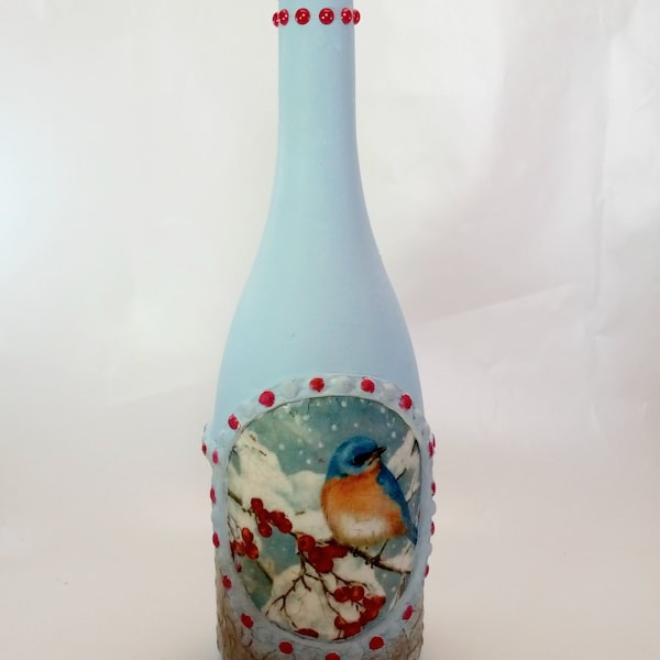 Bluebird in Snow Altered Bottle Art, Upcycled Handcrafted Decoupaged Decor, Sweet Winter Design Element, Unique Shabby Chic Bird Lover Gift