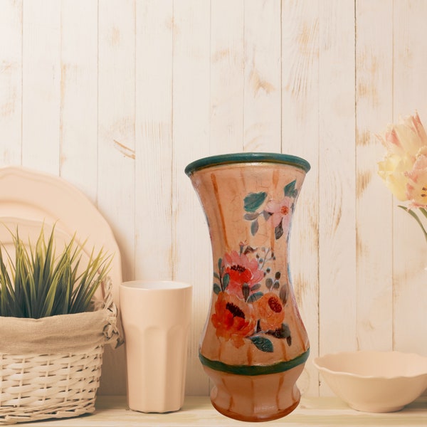 Hand painted Floral Design Decoupaged Vase, Vintage Look Shabby Chic Peach Glass, Porcelain Finish Flowerpot, Mother's Day Housewarming Gift