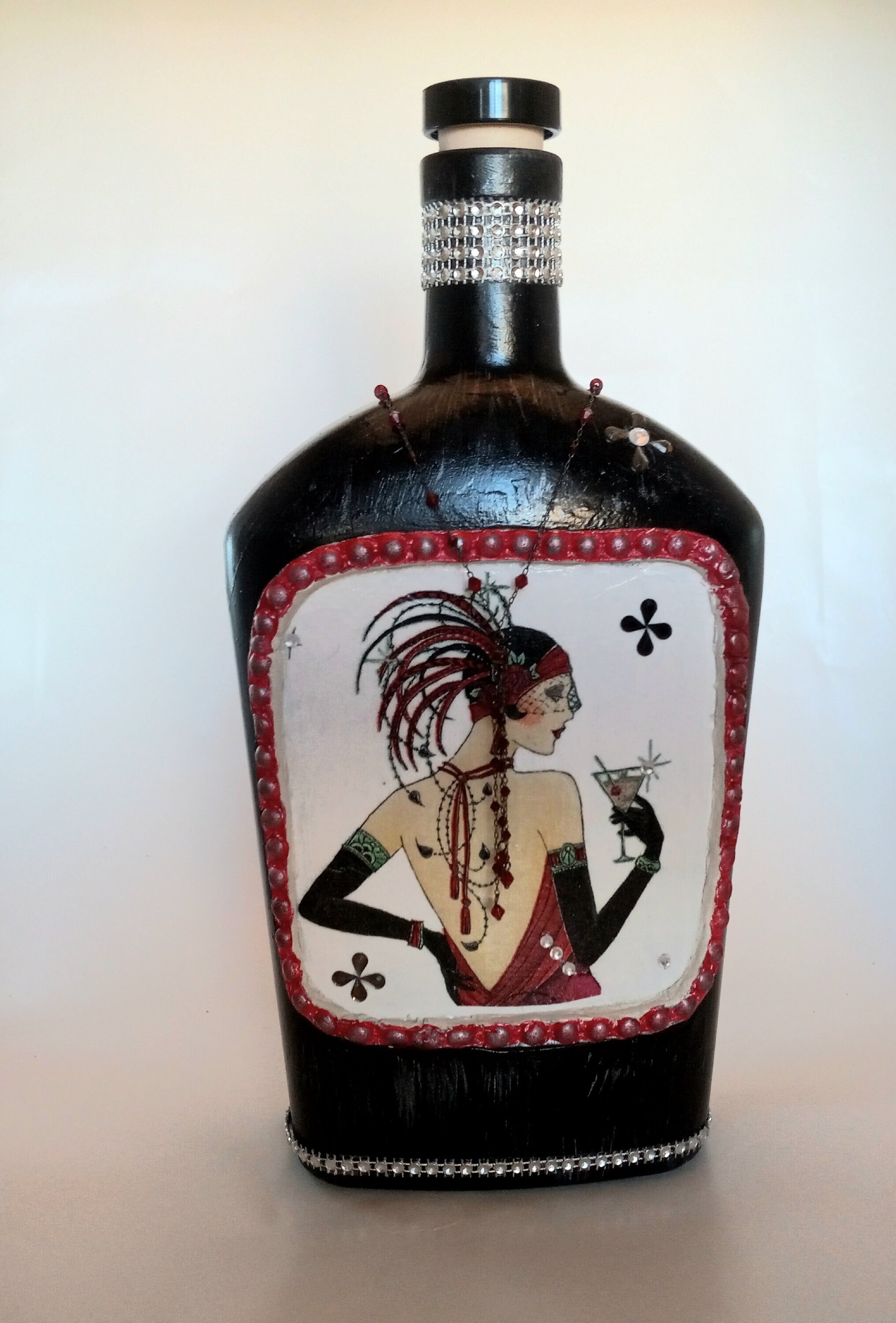 Decoupaged Art Deco Flapper Decor Bottle, Upcycled Liquor Bottle