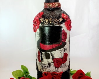 Voodoo Valentine, Gothic lover Sweetheart Gift, Mixed Media Altered Bottle, Skeleton Upcycled Liquor Glass, Handmade Gothic Design Element