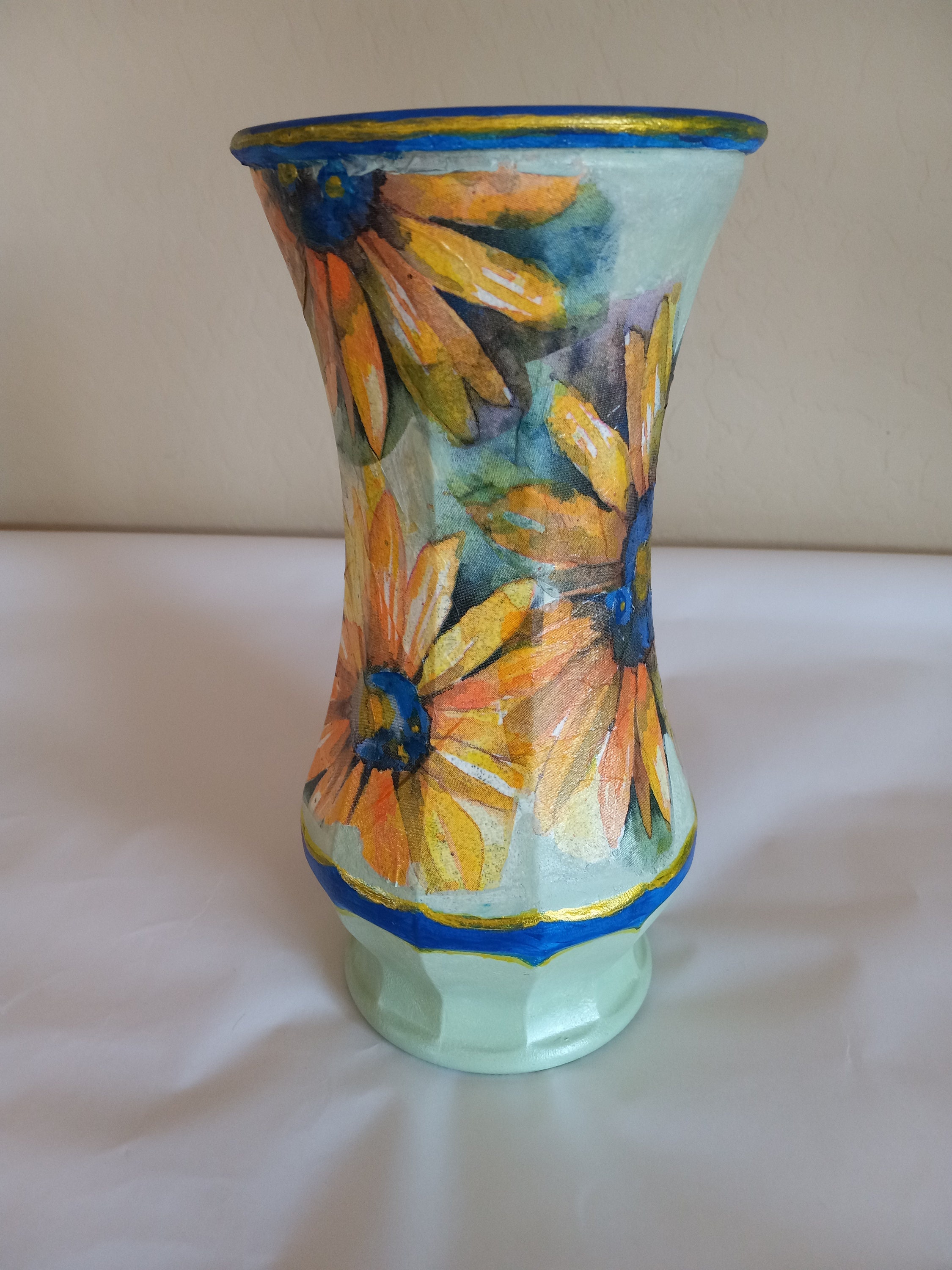 Decoupaged Sunflower Glass Vase/ Handpainted Vase/ Green Etsy