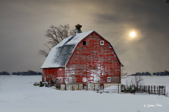 Red Barn In Winter 36 Old Red Barn In The Snow At Sunset Etsy