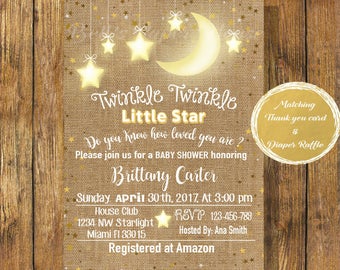 Digital file or Printed-Twinkle Twinkle Little Star Gold Burlap Baby Shower Invitation-Do You Know How Loved You Are-Customize-Free Shipping