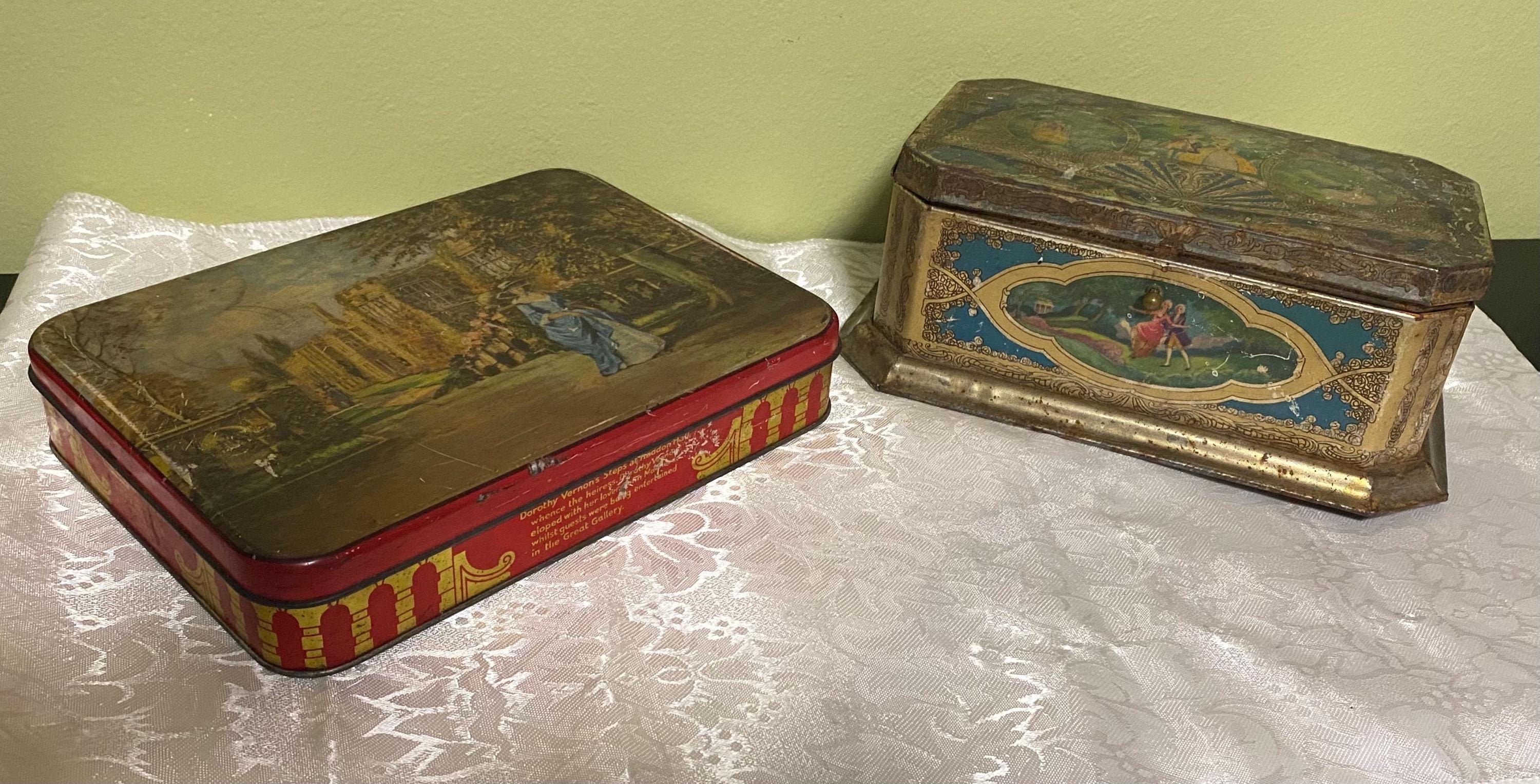 2 old hinged lid rustic tin boxes (j)