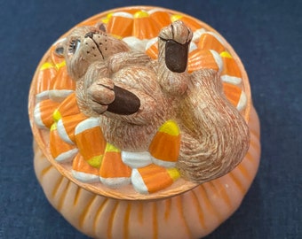 Ceramic squirrel and candy corn lidded dish