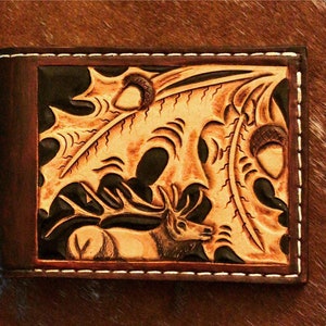 Hecho a la orden. Cartera Bifold de cuero hecho a mano de alce de toro y roble. Envío gratuito.