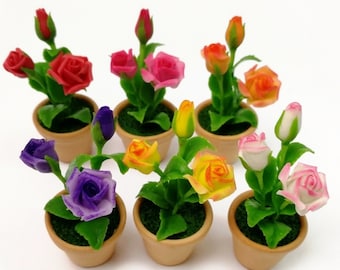 6 of Dollhouse Miniature Accessories Artificial Rose Flowers in Terracotta pots Fairy Garden Ornament Plant Supply Decor