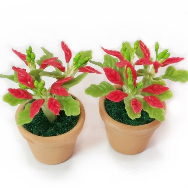 2 of Christmas /Poinsettia Tree in Terracotta Pot in Dollhouse Miniature Fairy Garden Ornament Foliage Plant Toy Doll Home Decor 1:12