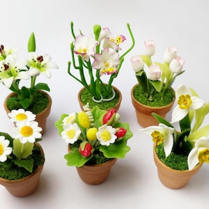 6 di Accessori in miniatura per casa delle bambole Fiori bianchi artificiali in vasi di ceramica Ornamento da giardino delle fate Pianta in scala 1:12