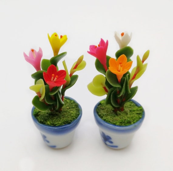 2 Orchid Miniature Flower in Ceramic Pot Dollhouse Miniature Home Decor Gift