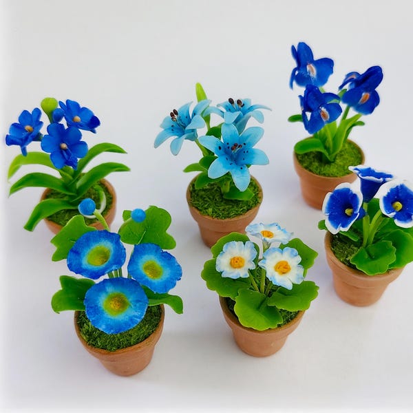 Dollhouse Miniature Blue Flowers: Terracotta Pots, Fairy Garden Decor